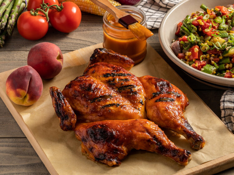 Butterflied chicken with peach barbecue sauce Recipe