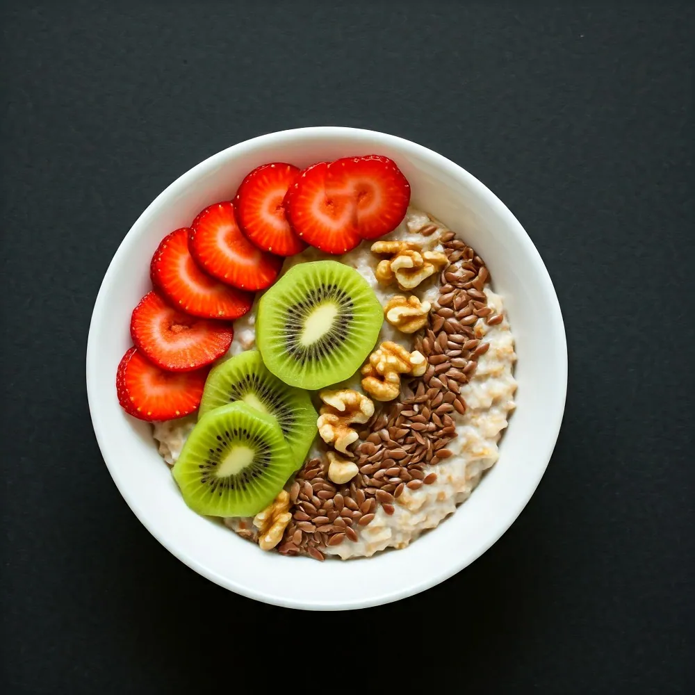 Oatmeal with fresh fruit, nuts, and flaxseeds