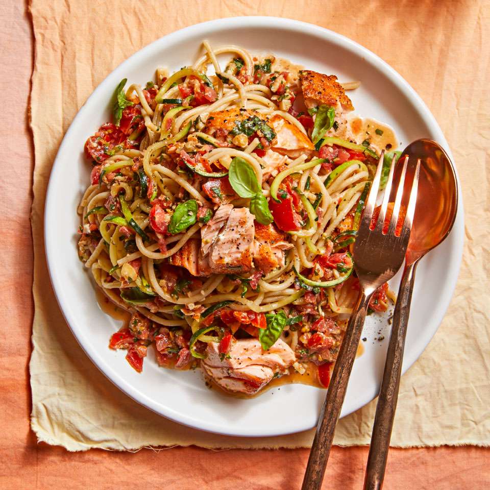 Trapanese pesto pasta & zoodles with salmon Recipe