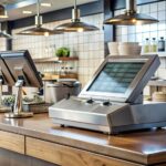 Modern cash register with digital display and credit card terminal on a sleek counter surrounded by kitchen utensils and menu boards in a busy eatery.