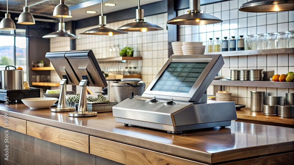 Modern cash register with digital display and credit card terminal on a sleek counter surrounded by kitchen utensils and menu boards in a busy eatery.